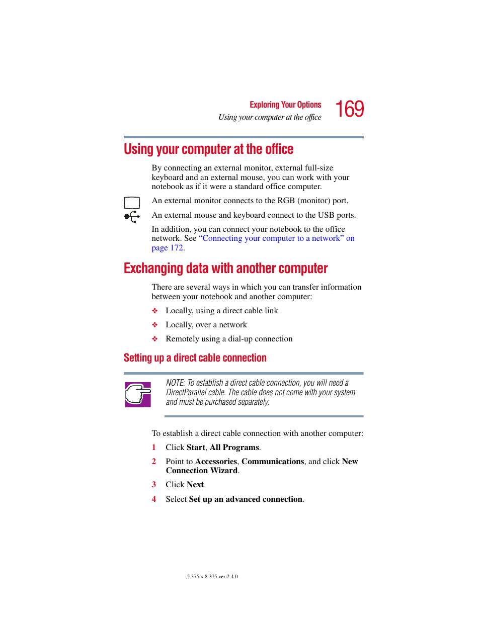 Using your computer at the office, Exchanging data with another computer, Setting up a direct cable connection | Toshiba Satellite 2415 Series User Manual | Page 169 / 279