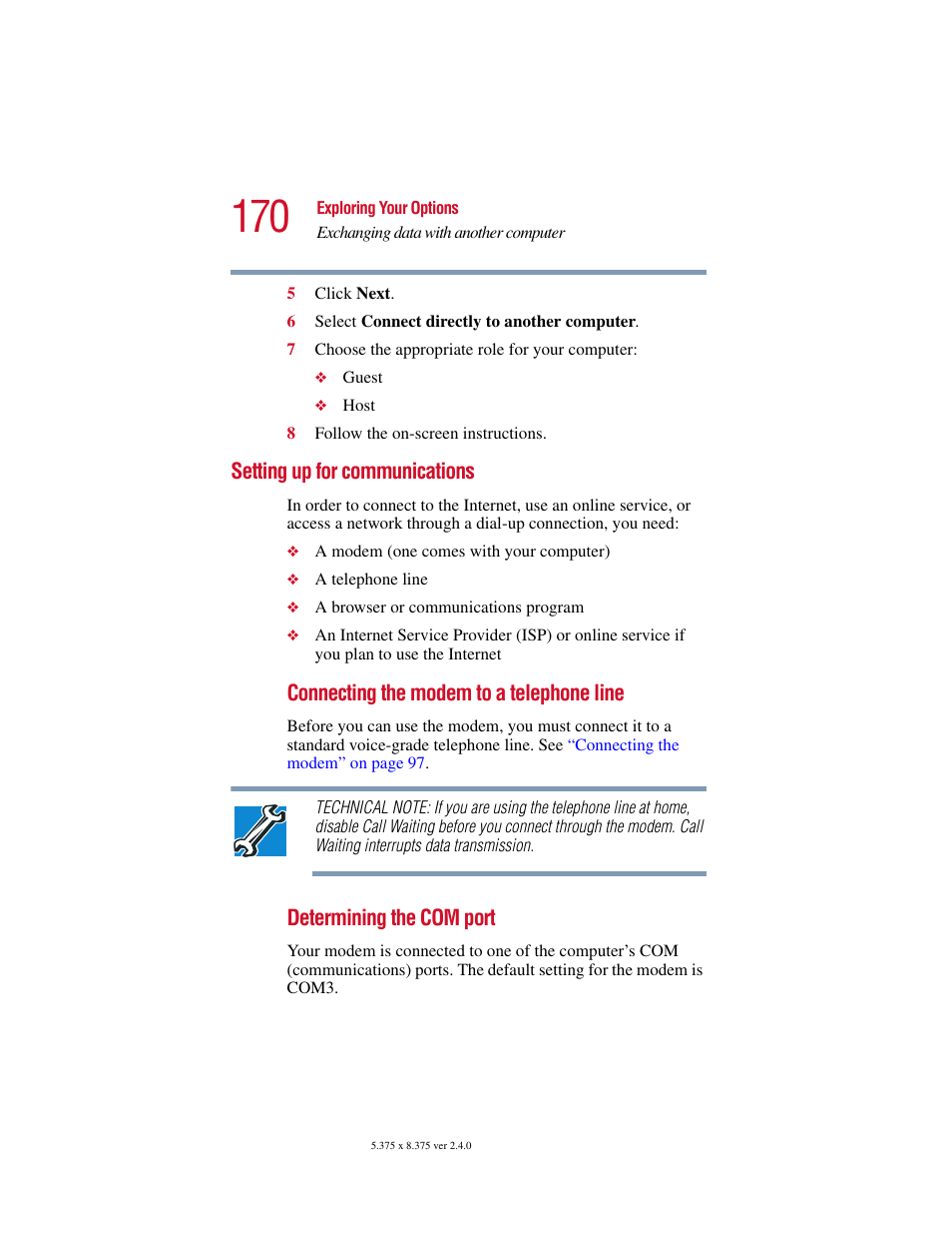 Setting up for communications | Toshiba Satellite 2415 Series User Manual | Page 170 / 279