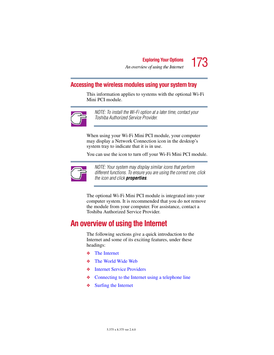 An overview of using the internet, Accessing the wireless modules, Using your system tray | Toshiba Satellite 2415 Series User Manual | Page 173 / 279