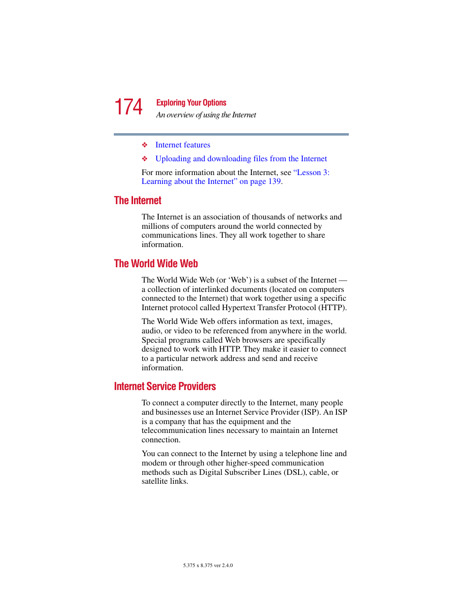 The internet, The world wide web, Internet service providers | Toshiba Satellite 2415 Series User Manual | Page 174 / 279