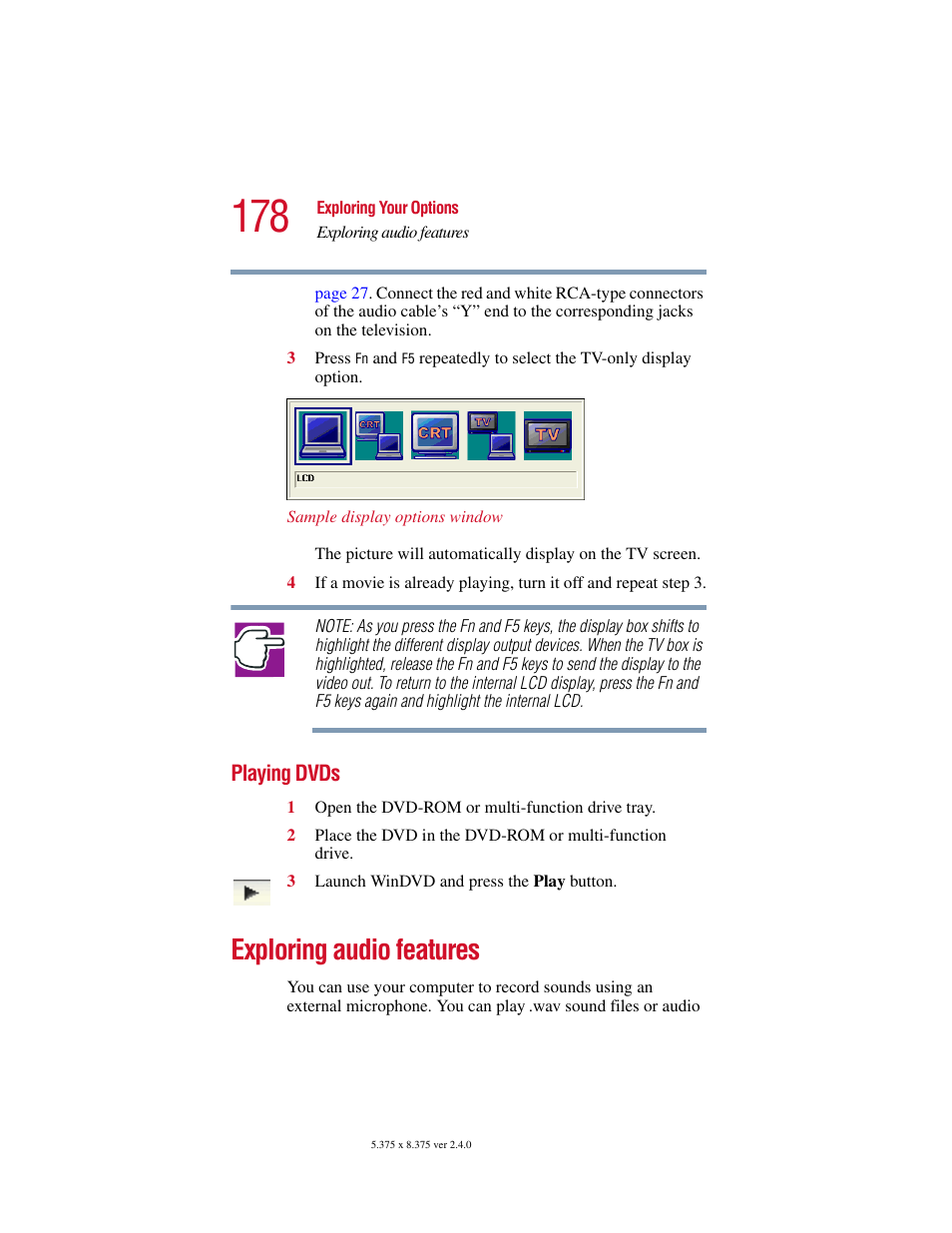 Playing dvds, Exploring audio features | Toshiba Satellite 2415 Series User Manual | Page 178 / 279