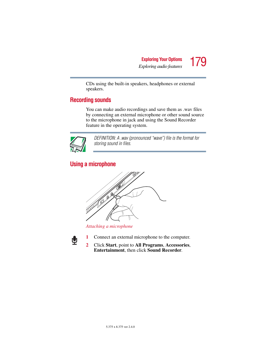 Recording sounds, Using a microphone, Recording sounds using a microphone | Toshiba Satellite 2415 Series User Manual | Page 179 / 279