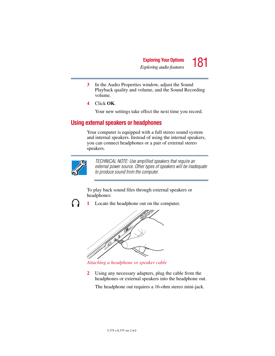 Using external speakers or headphones | Toshiba Satellite 2415 Series User Manual | Page 181 / 279