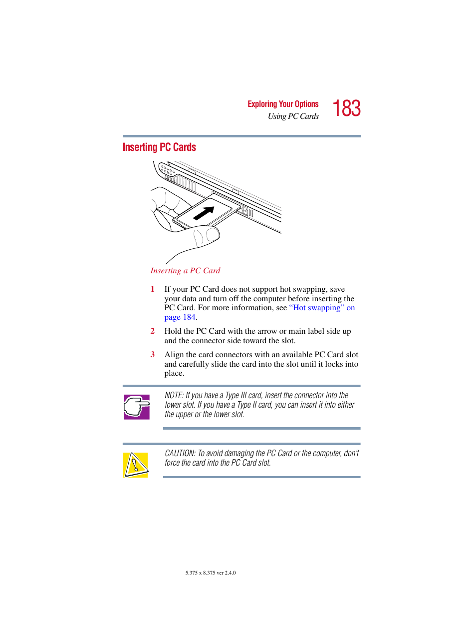 Inserting pc cards | Toshiba Satellite 2415 Series User Manual | Page 183 / 279