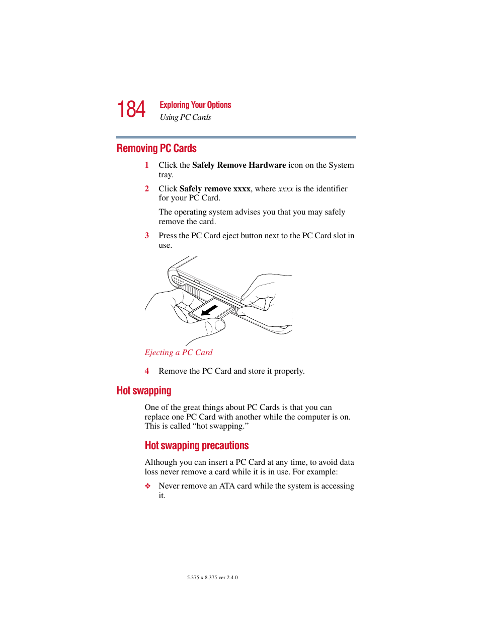 Removing pc cards, Hot swapping, Removing pc cards hot swapping | Toshiba Satellite 2415 Series User Manual | Page 184 / 279