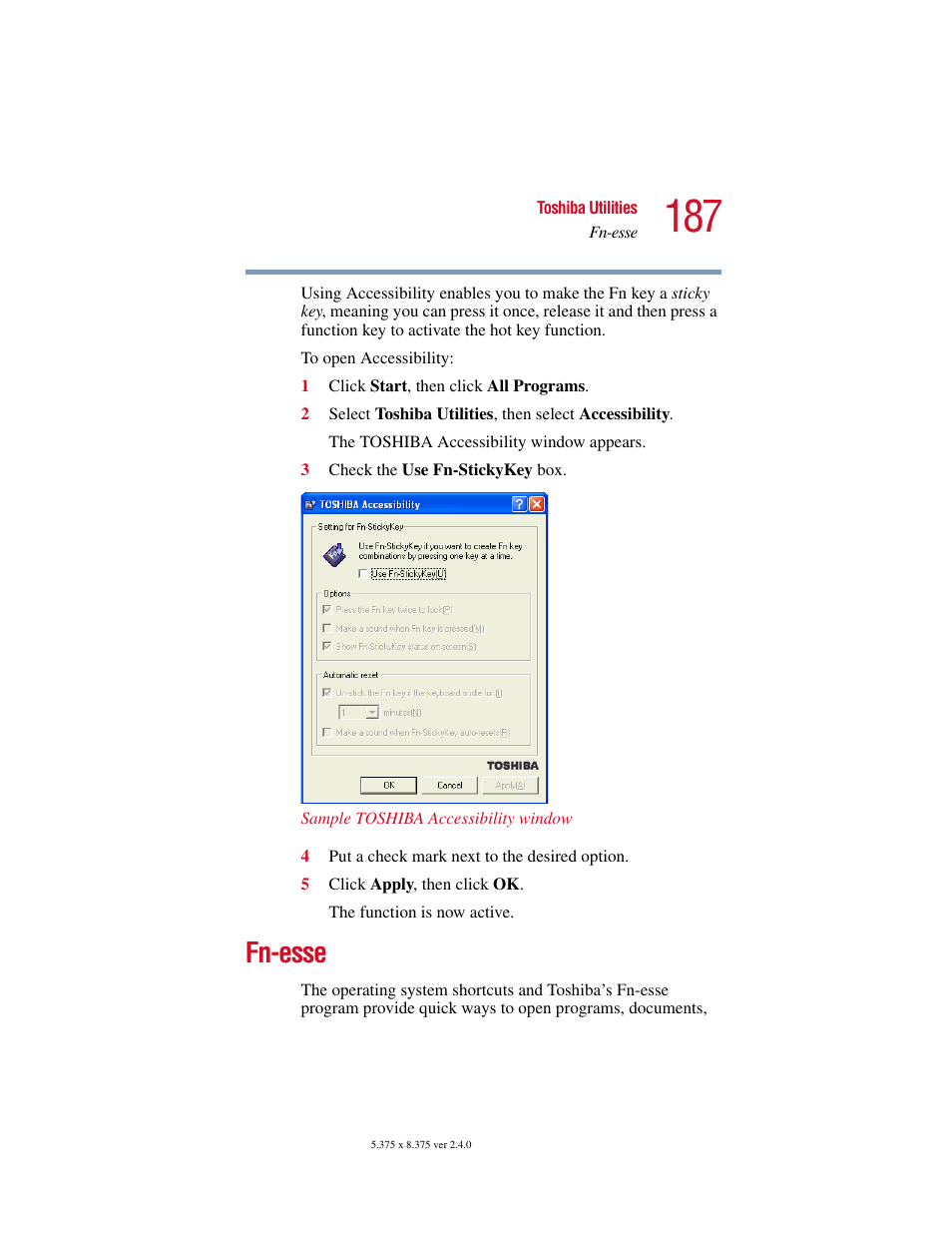 Fnesse, Fn-esse | Toshiba Satellite 2415 Series User Manual | Page 187 / 279