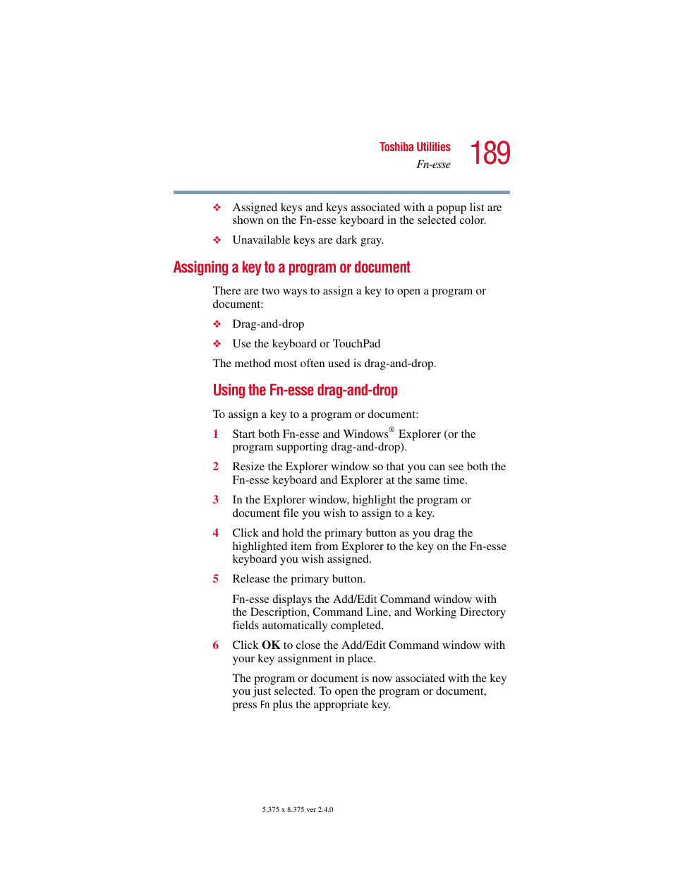 Assigning a key to a program or document, Using the fn-esse drag-and-drop | Toshiba Satellite 2415 Series User Manual | Page 189 / 279