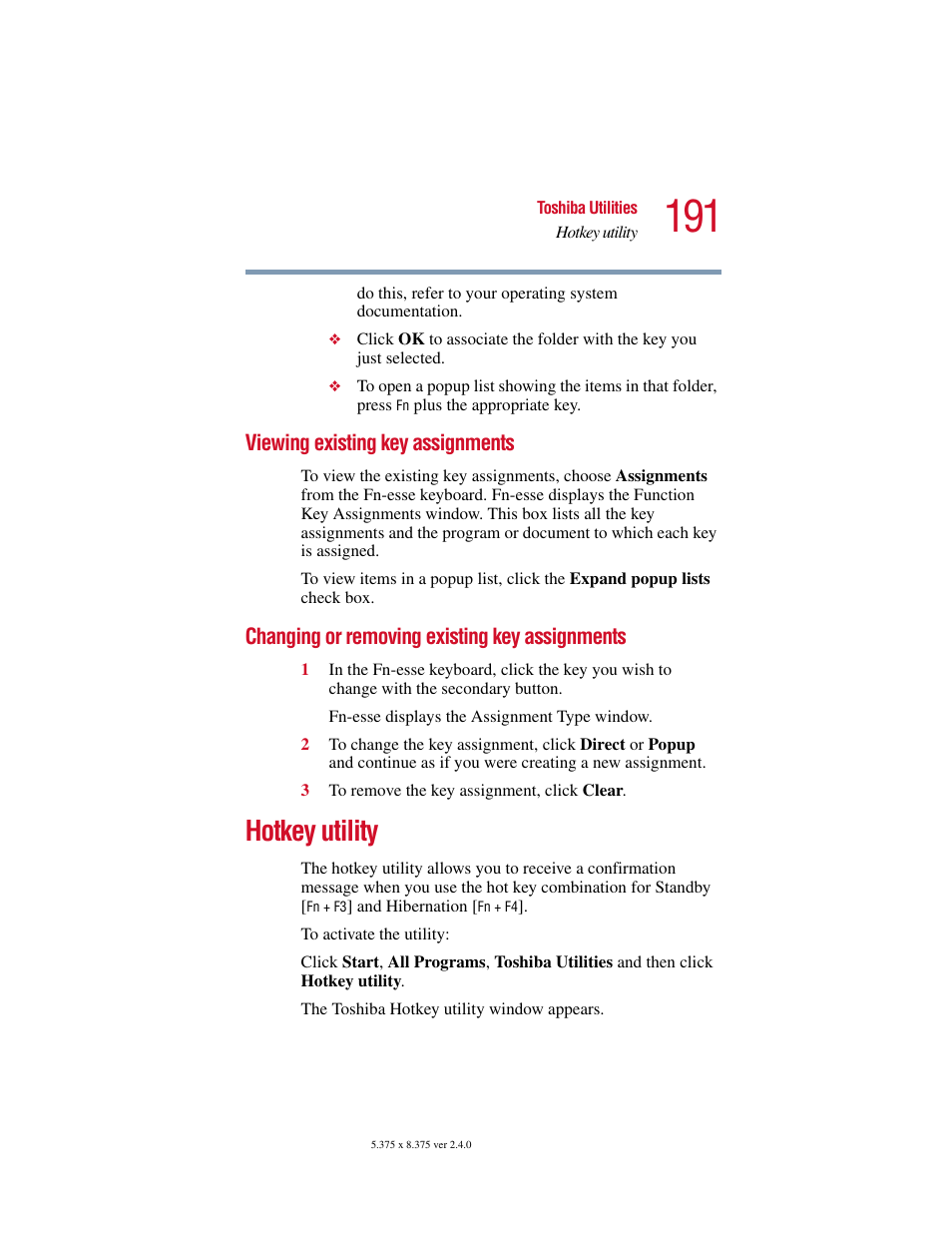 Viewing existing key assignments, Changing or removing existing key assignments, Hotkey utility | Existing key assignments | Toshiba Satellite 2415 Series User Manual | Page 191 / 279