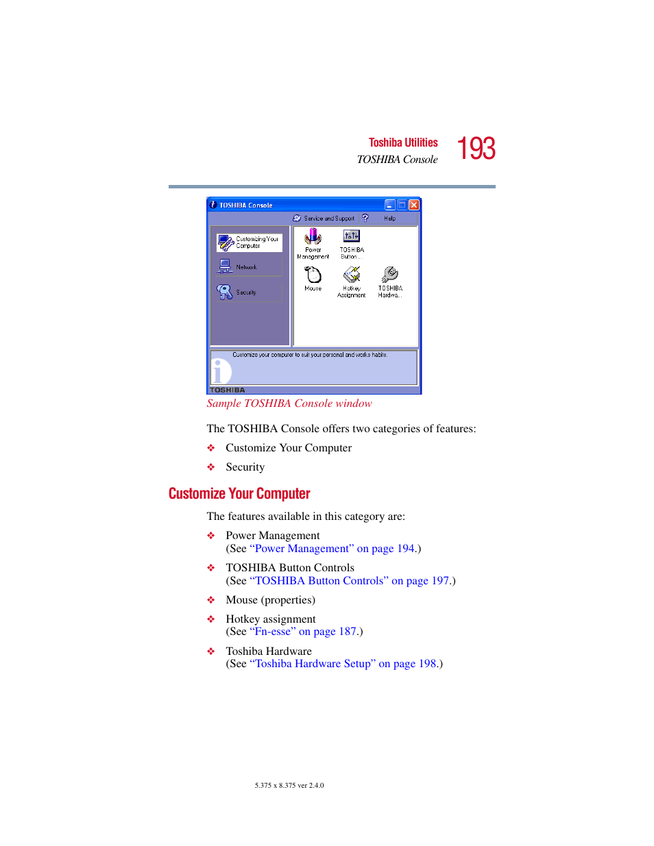 Customize your computer | Toshiba Satellite 2415 Series User Manual | Page 193 / 279