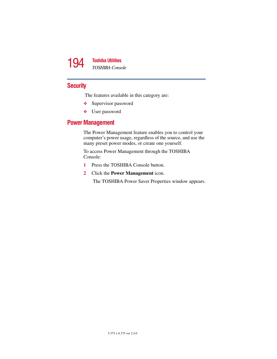 Security, Power management, Security power management | Toshiba Satellite 2415 Series User Manual | Page 194 / 279