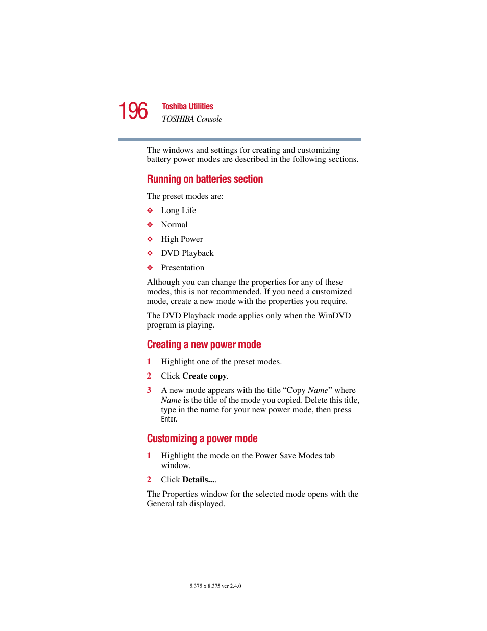 Creating a new power mode, Customizing a power mode | Toshiba Satellite 2415 Series User Manual | Page 196 / 279