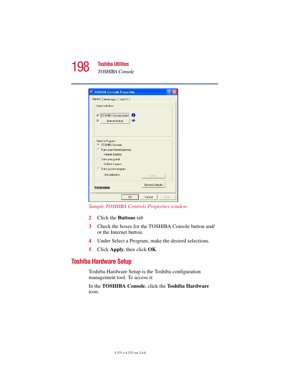 Toshiba hardware setup | Toshiba Satellite 2415 Series User Manual | Page 198 / 279