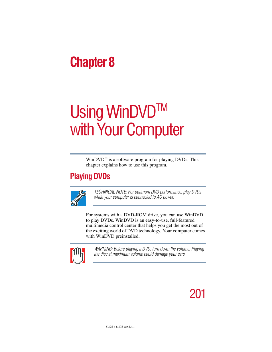 Chapter 8: using windvd with your computer, Playing dvds, Chapter 8: using windvd | Using windvd, With your computer, Chapter 8 | Toshiba Satellite 2415 Series User Manual | Page 201 / 279