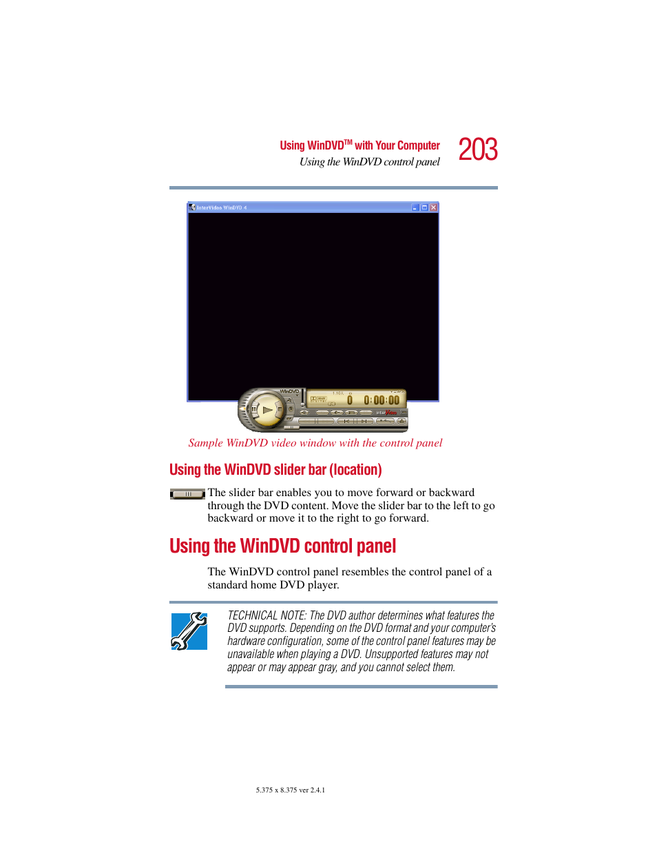 Using the windvd slider bar (location), Using the windvd control panel | Toshiba Satellite 2415 Series User Manual | Page 203 / 279
