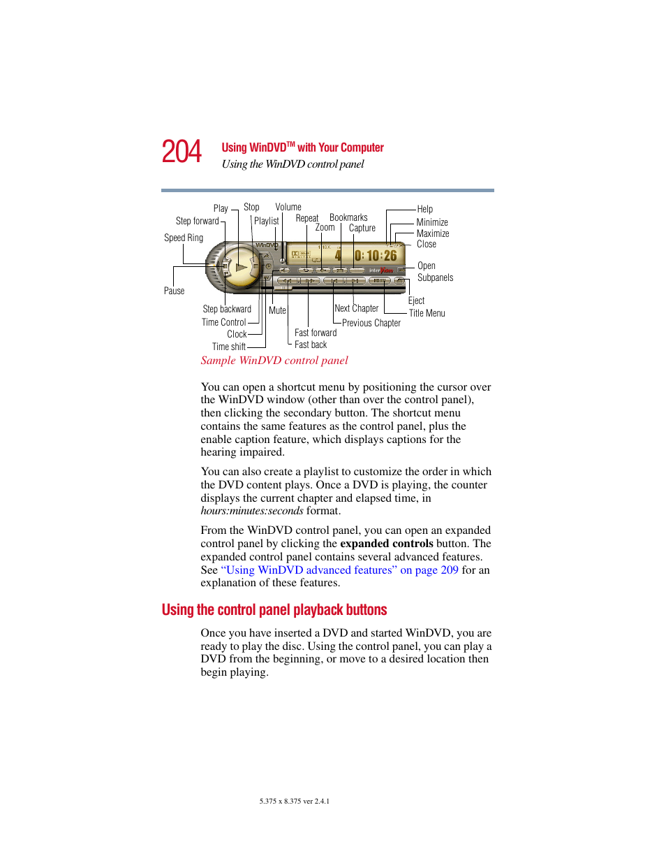 Using the control panel playback buttons | Toshiba Satellite 2415 Series User Manual | Page 204 / 279