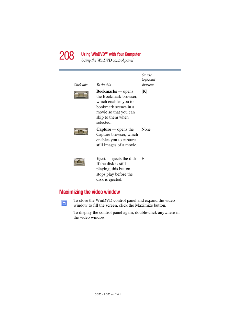 Maximizing the video window | Toshiba Satellite 2415 Series User Manual | Page 208 / 279