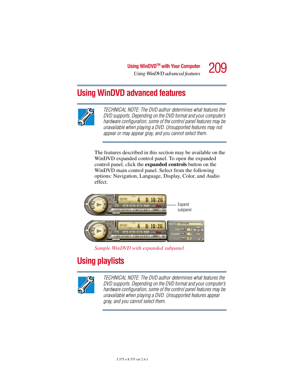 Using windvd advanced features, Using playlists | Toshiba Satellite 2415 Series User Manual | Page 209 / 279