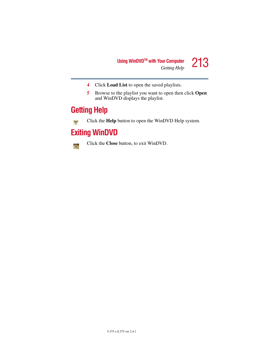 Getting help, Exiting windvd, Getting help exiting windvd | Toshiba Satellite 2415 Series User Manual | Page 213 / 279