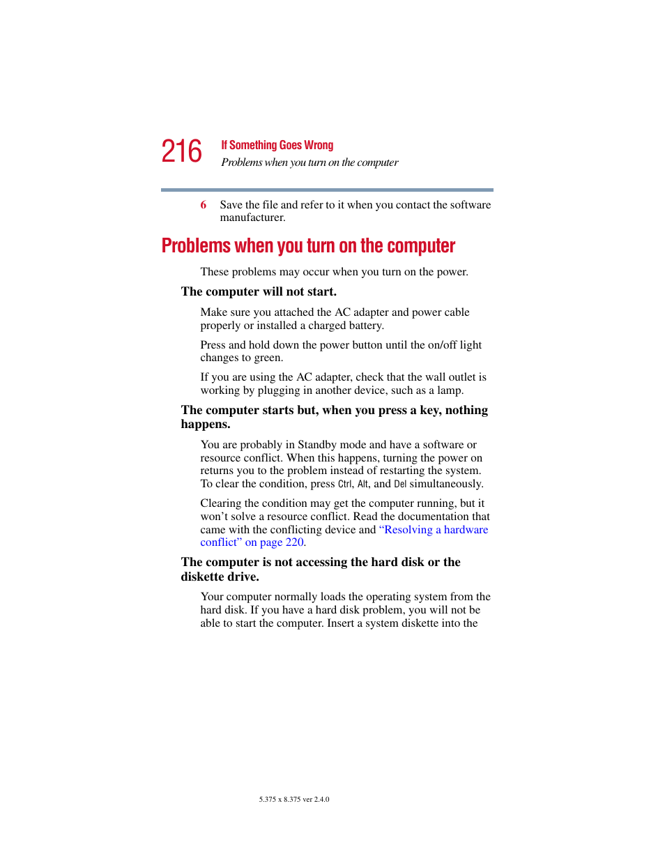 Problems when you turn on the computer | Toshiba Satellite 2415 Series User Manual | Page 216 / 279