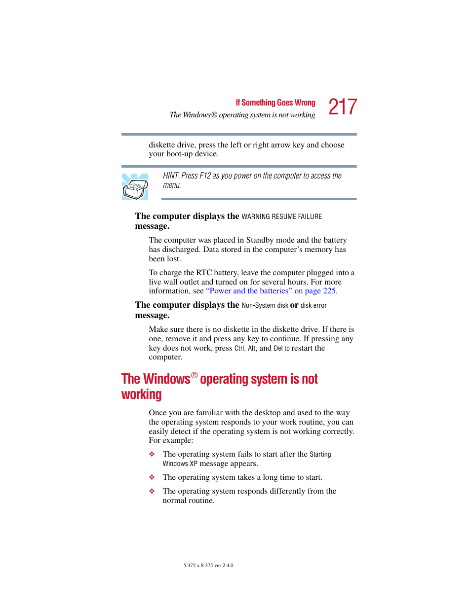 The windows® operating system is not working, The windows, Operating system is not working | Toshiba Satellite 2415 Series User Manual | Page 217 / 279