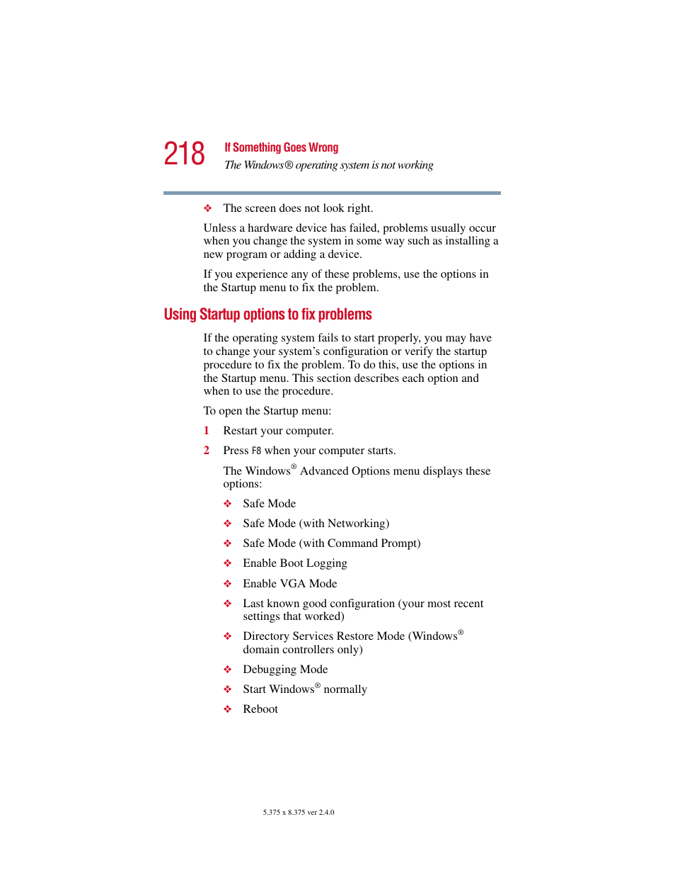 Using startup options to fix problems | Toshiba Satellite 2415 Series User Manual | Page 218 / 279