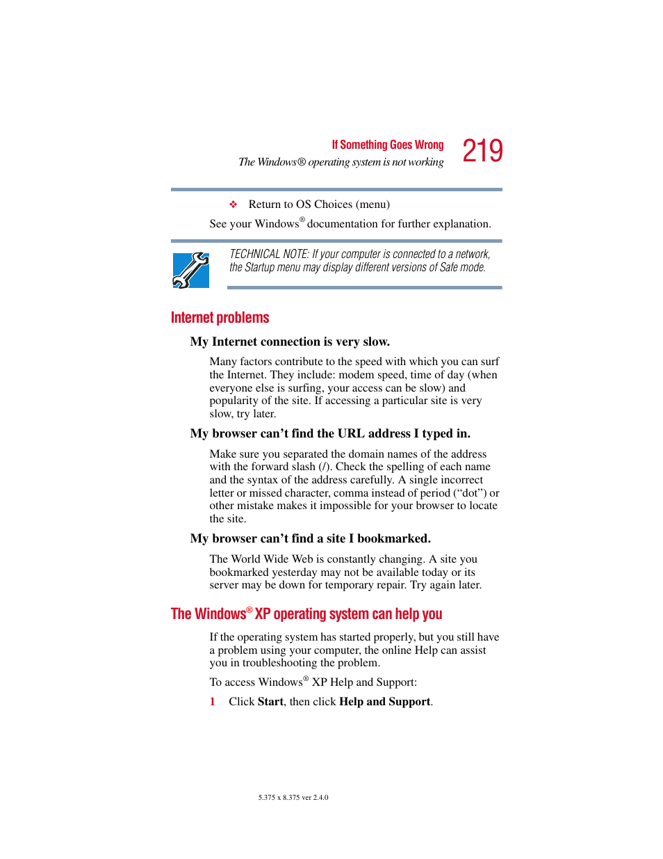 Internet problems, The windows® xp operating system can help you, Internet problems the windows | The windows, Xp operating system can help you | Toshiba Satellite 2415 Series User Manual | Page 219 / 279