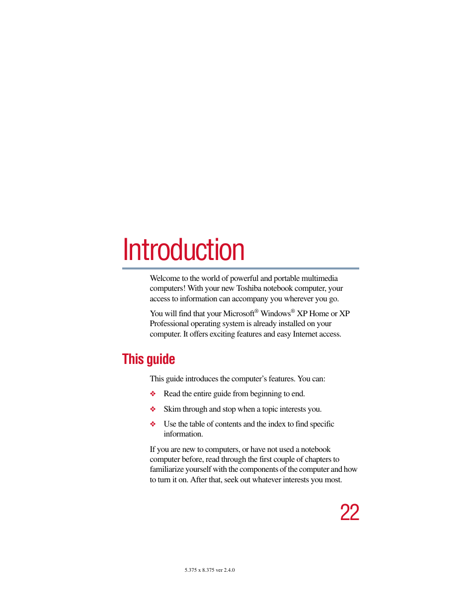 Introduction, This guide | Toshiba Satellite 2415 Series User Manual | Page 22 / 279