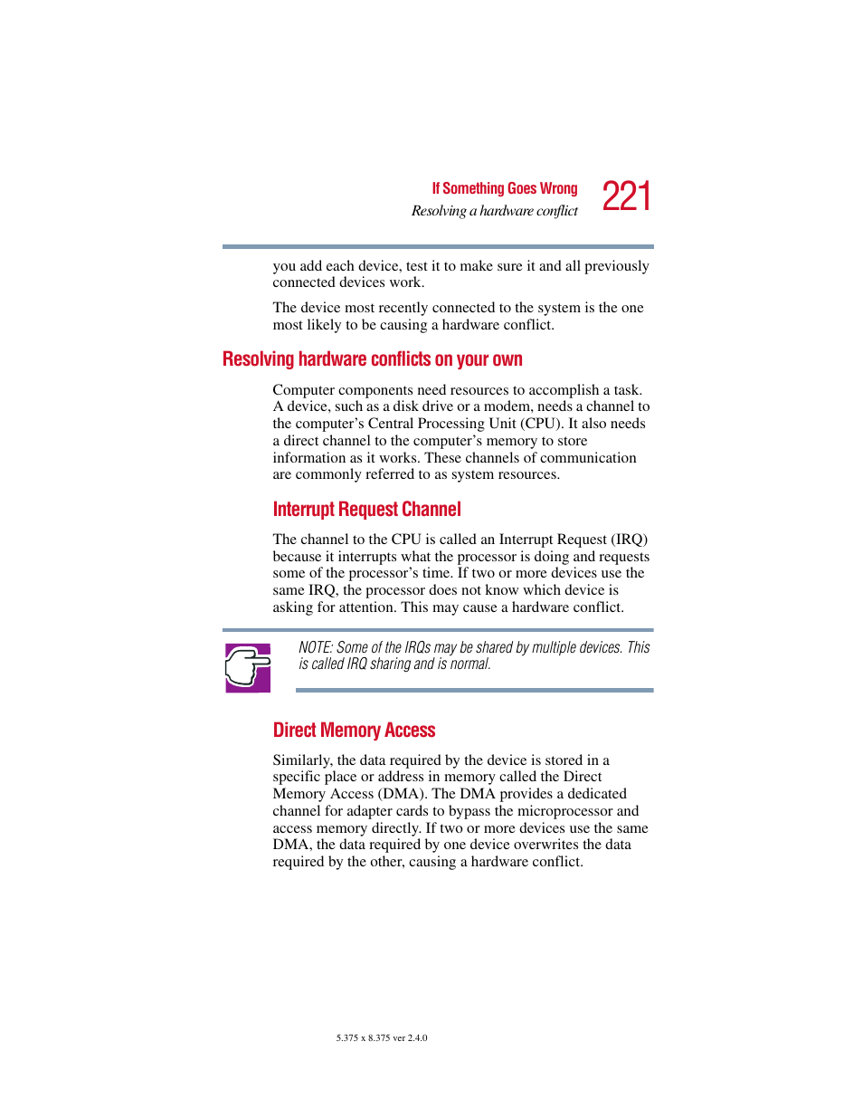 Resolving hardware conflicts on your own | Toshiba Satellite 2415 Series User Manual | Page 221 / 279