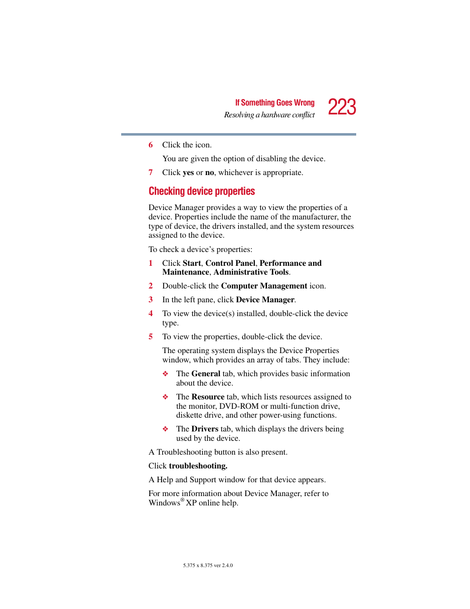 Checking device properties | Toshiba Satellite 2415 Series User Manual | Page 223 / 279