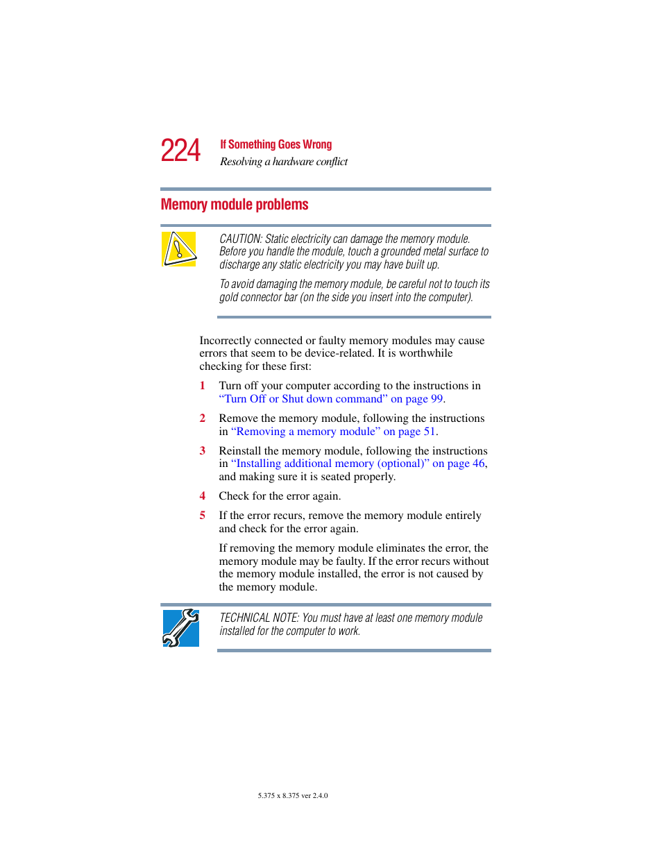 Memory module problems | Toshiba Satellite 2415 Series User Manual | Page 224 / 279