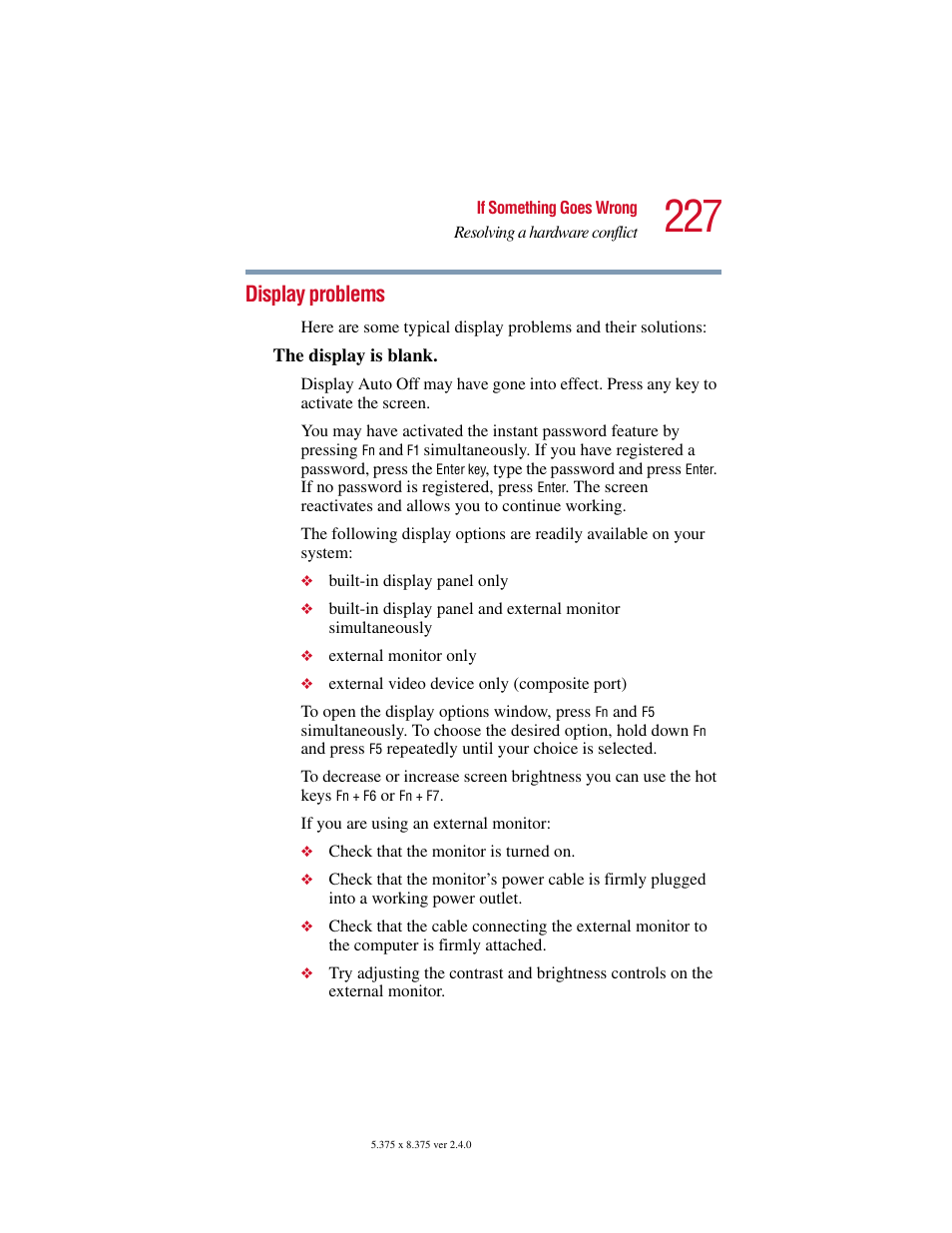 Display problems | Toshiba Satellite 2415 Series User Manual | Page 227 / 279