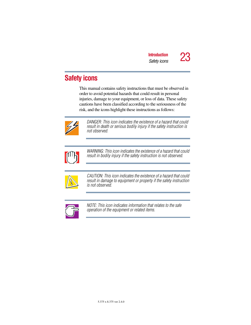 Safety icons | Toshiba Satellite 2415 Series User Manual | Page 23 / 279