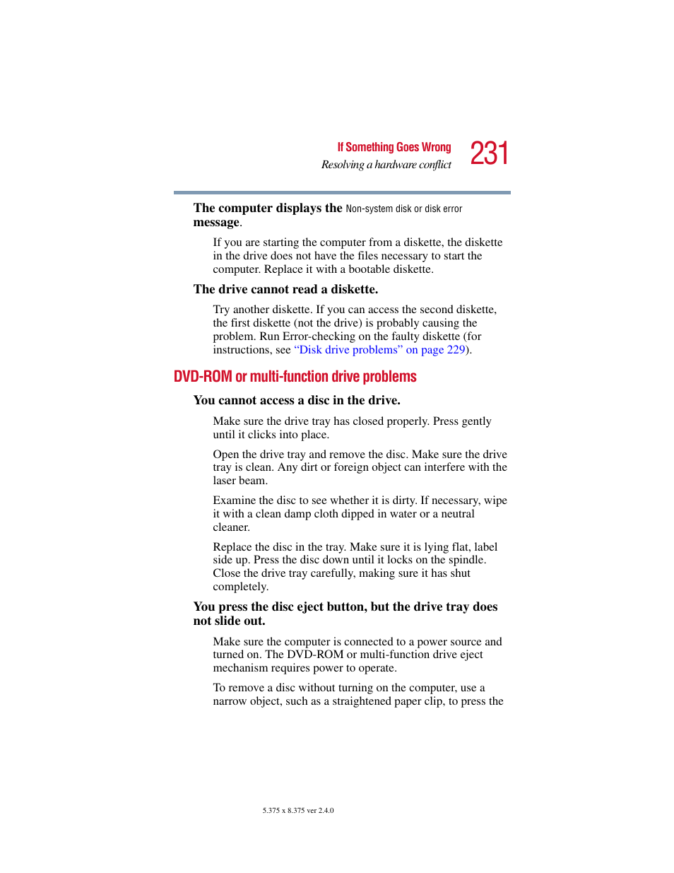 Dvd-rom or multi-function drive problems | Toshiba Satellite 2415 Series User Manual | Page 231 / 279