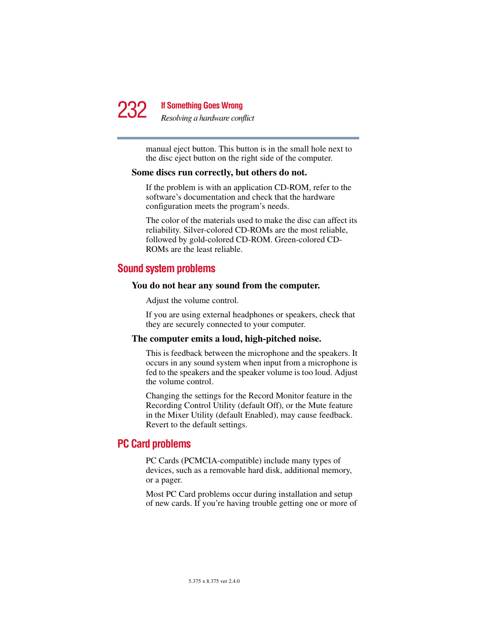 Sound system problems, Pc card problems, Sound system problems pc card problems | Toshiba Satellite 2415 Series User Manual | Page 232 / 279