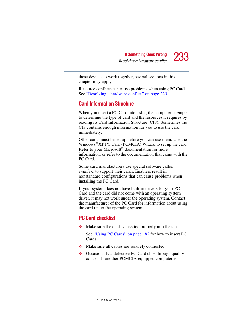 Card information structure, Pc card checklist | Toshiba Satellite 2415 Series User Manual | Page 233 / 279