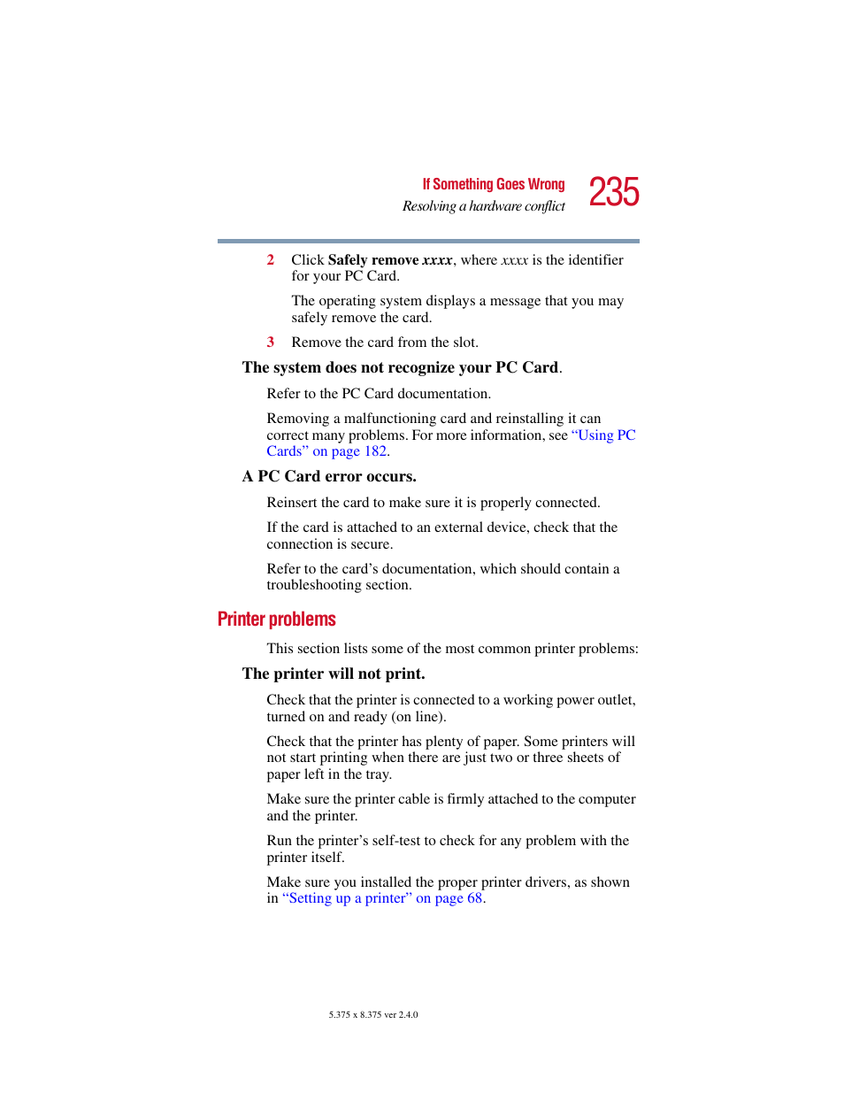 Printer problems | Toshiba Satellite 2415 Series User Manual | Page 235 / 279