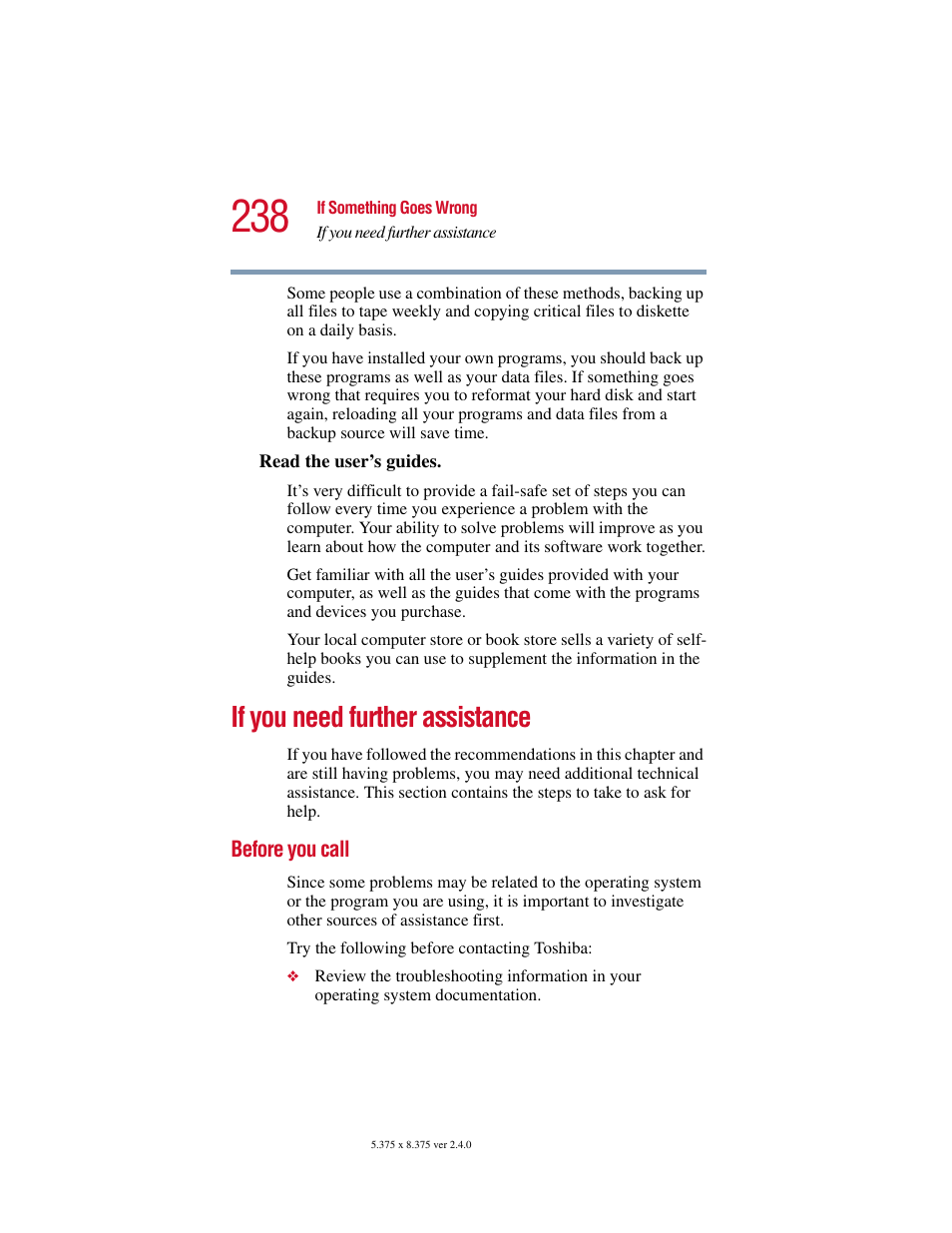 If you need further assistance, Before you call | Toshiba Satellite 2415 Series User Manual | Page 238 / 279