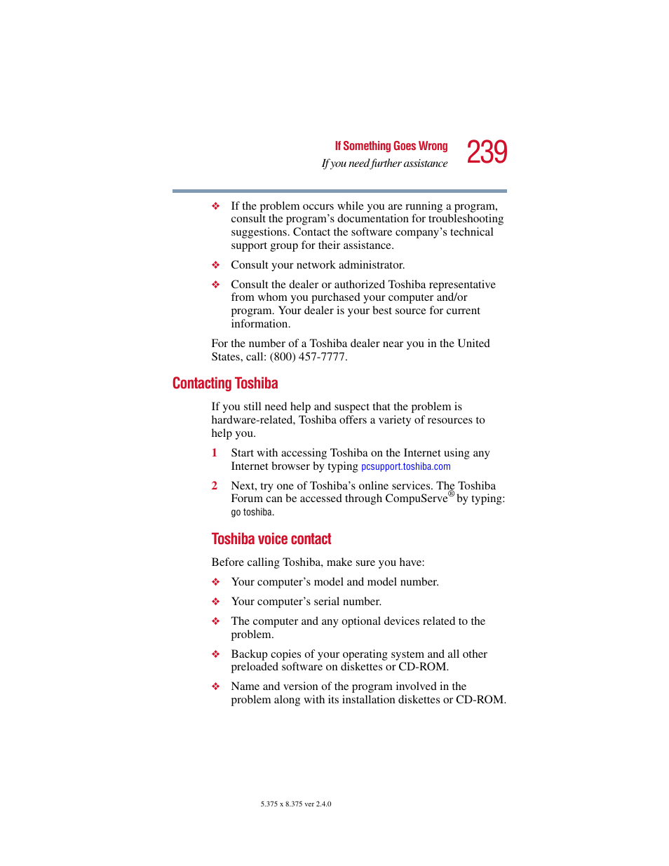 Contacting toshiba, Toshiba voice contact | Toshiba Satellite 2415 Series User Manual | Page 239 / 279