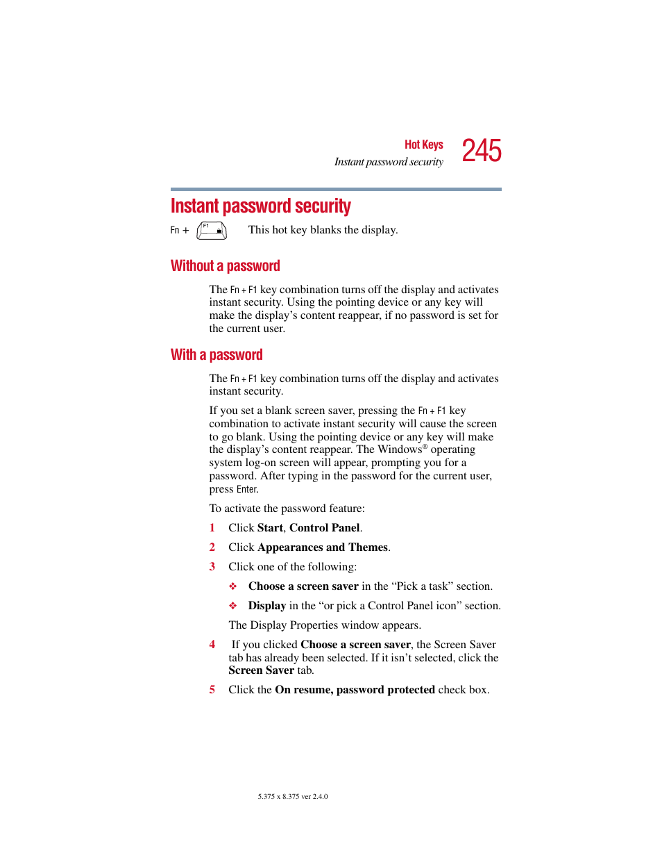 Instant password security, Without a password, With a password | Without a password with a password | Toshiba Satellite 2415 Series User Manual | Page 245 / 279