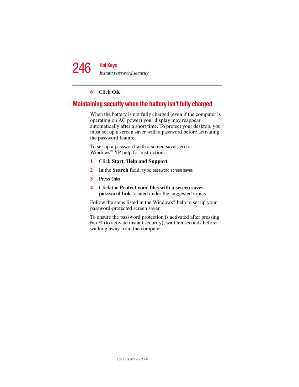 Maintaining security, When the battery isn’t fully charged | Toshiba Satellite 2415 Series User Manual | Page 246 / 279