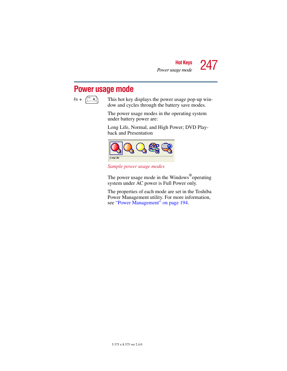 Power usage mode | Toshiba Satellite 2415 Series User Manual | Page 247 / 279