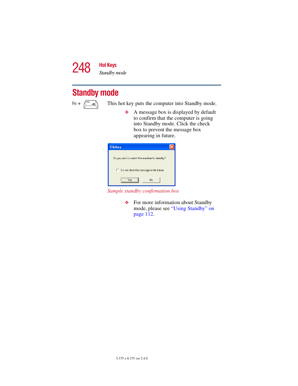 Standby mode | Toshiba Satellite 2415 Series User Manual | Page 248 / 279