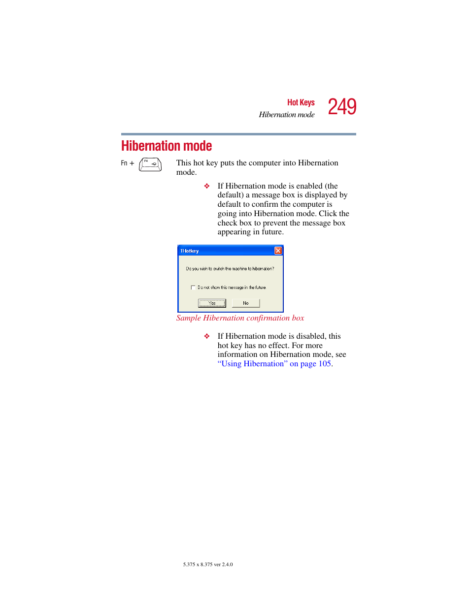 Hibernation mode | Toshiba Satellite 2415 Series User Manual | Page 249 / 279