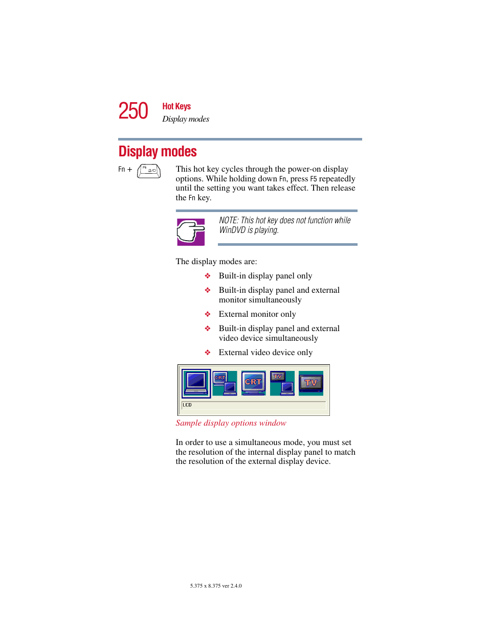 Display modes | Toshiba Satellite 2415 Series User Manual | Page 250 / 279