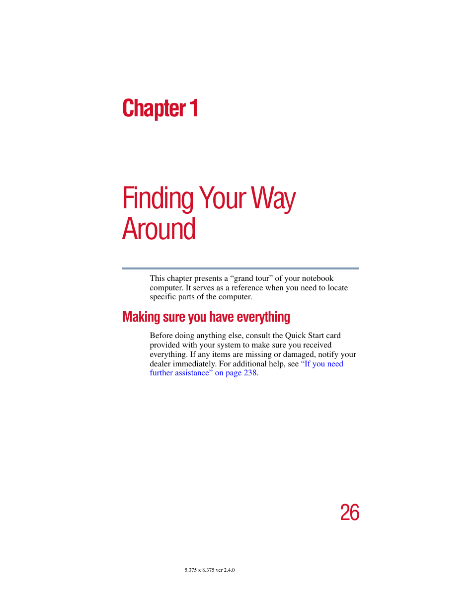 Chapter 1: finding your way around, Making sure you have everything, Finding your way around | Chapter 1 | Toshiba Satellite 2415 Series User Manual | Page 26 / 279