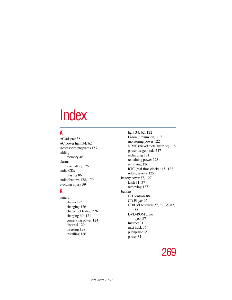 Index | Toshiba Satellite 2415 Series User Manual | Page 269 / 279