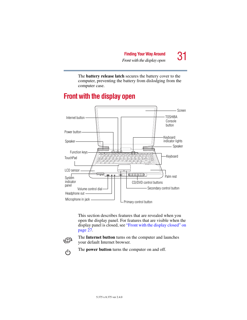 Front with the display open | Toshiba Satellite 2415 Series User Manual | Page 31 / 279