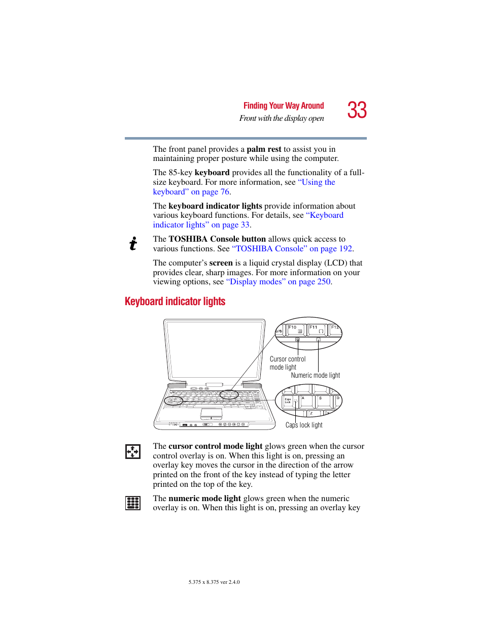 Keyboard indicator lights | Toshiba Satellite 2415 Series User Manual | Page 33 / 279