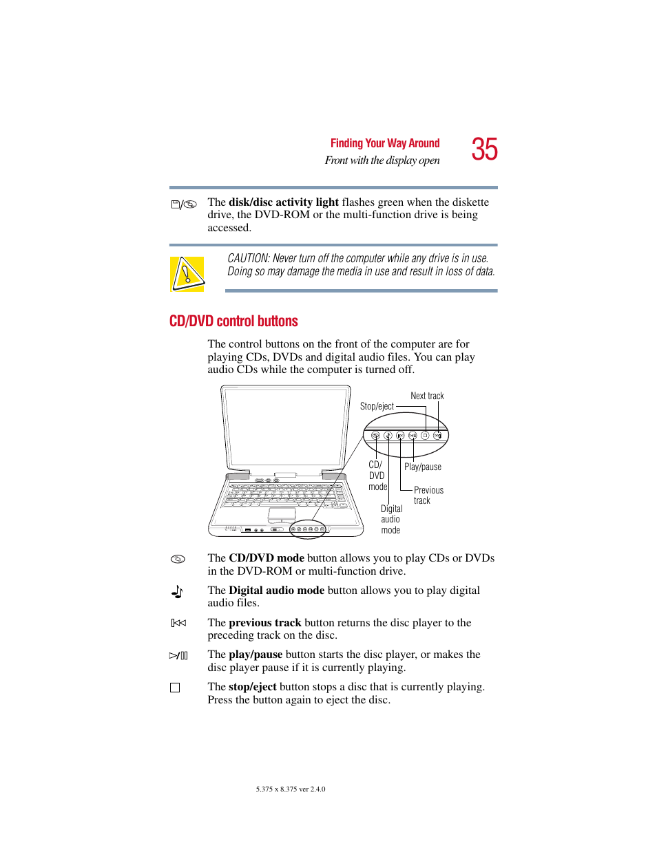 Cd/dvd control buttons | Toshiba Satellite 2415 Series User Manual | Page 35 / 279