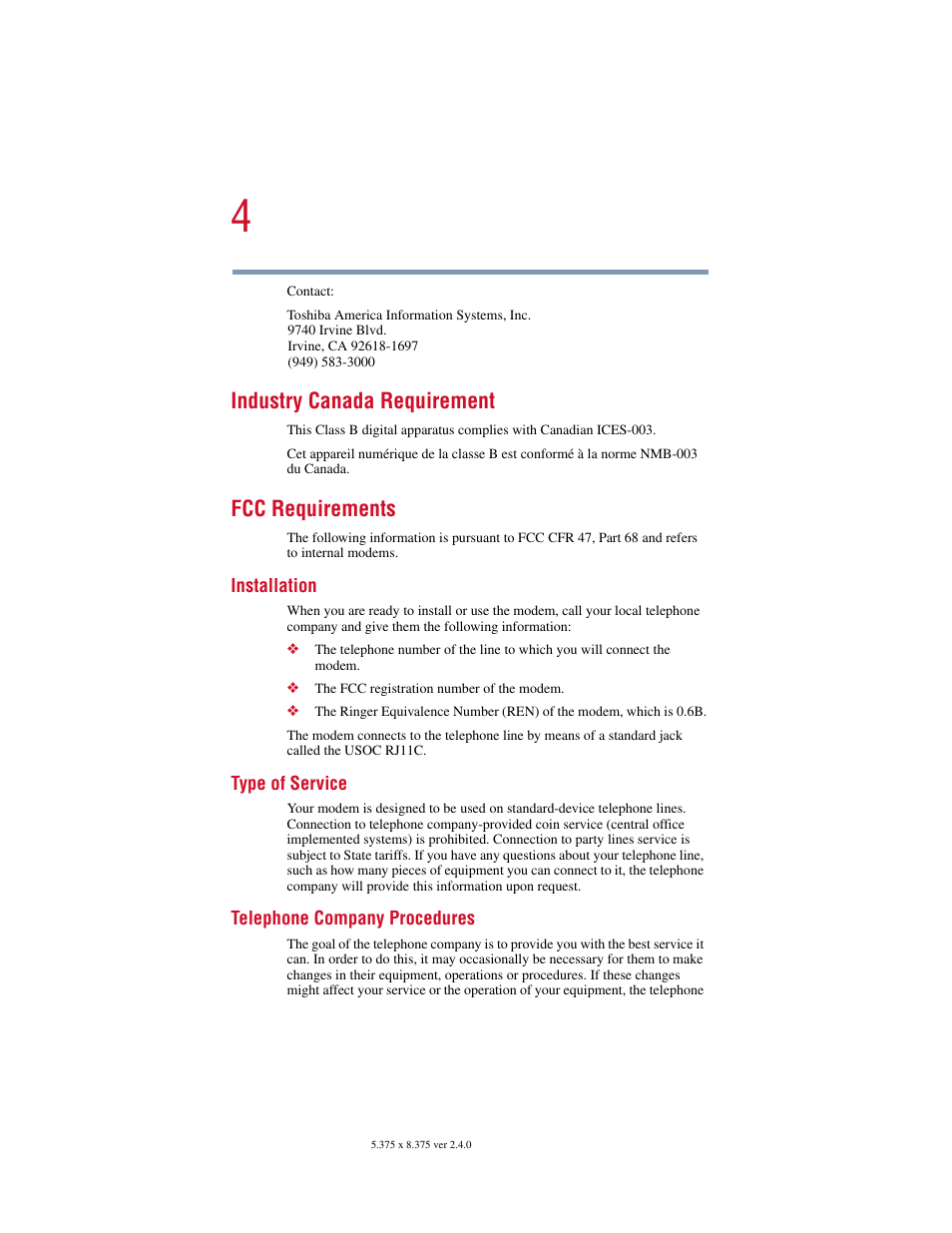 Industry canada requirement, Fcc requirements | Toshiba Satellite 2415 Series User Manual | Page 4 / 279